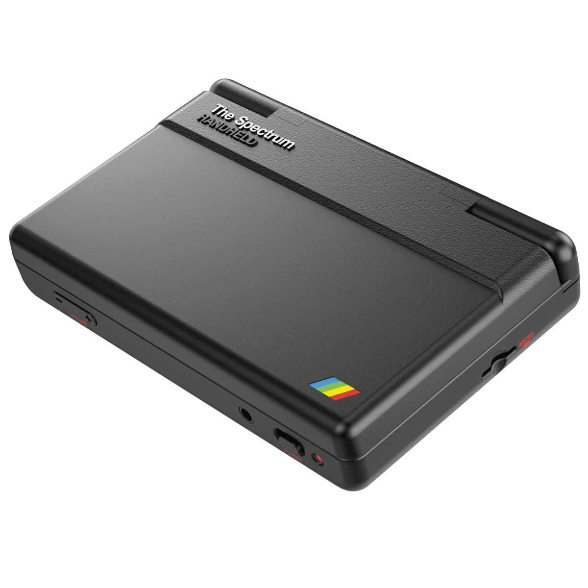 Czarny kompaktowy komputer The Spectrum Handheld z kolorowym logo i portami