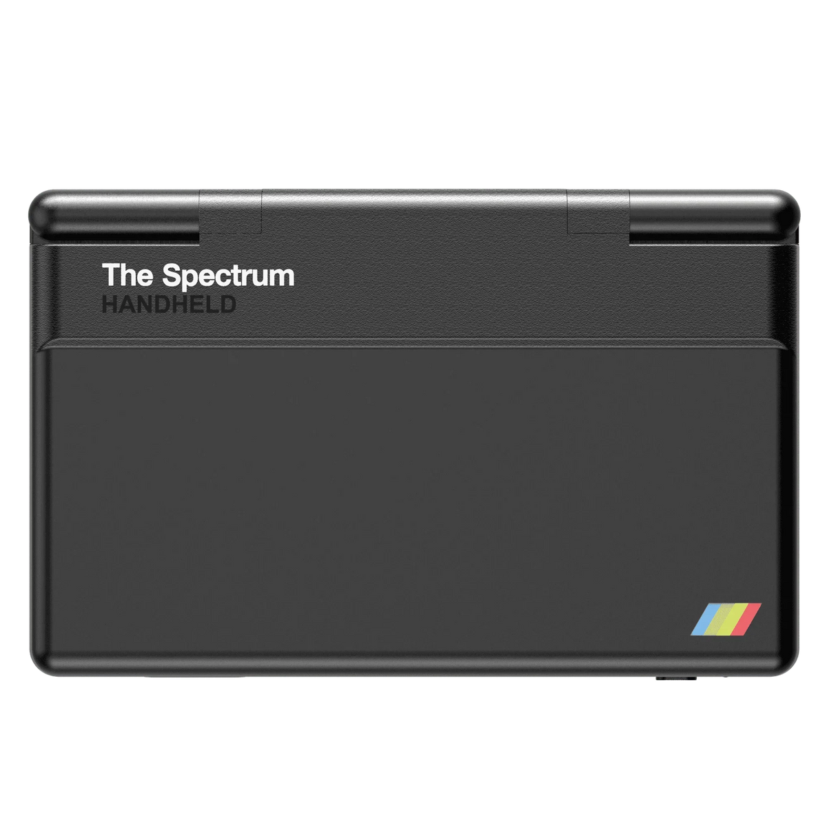 The Spectrum Handheld – czarny, przenośny komputer z kolorowym logo, idealny dla entuzjastów retro gamingu i kolekcjonerów.