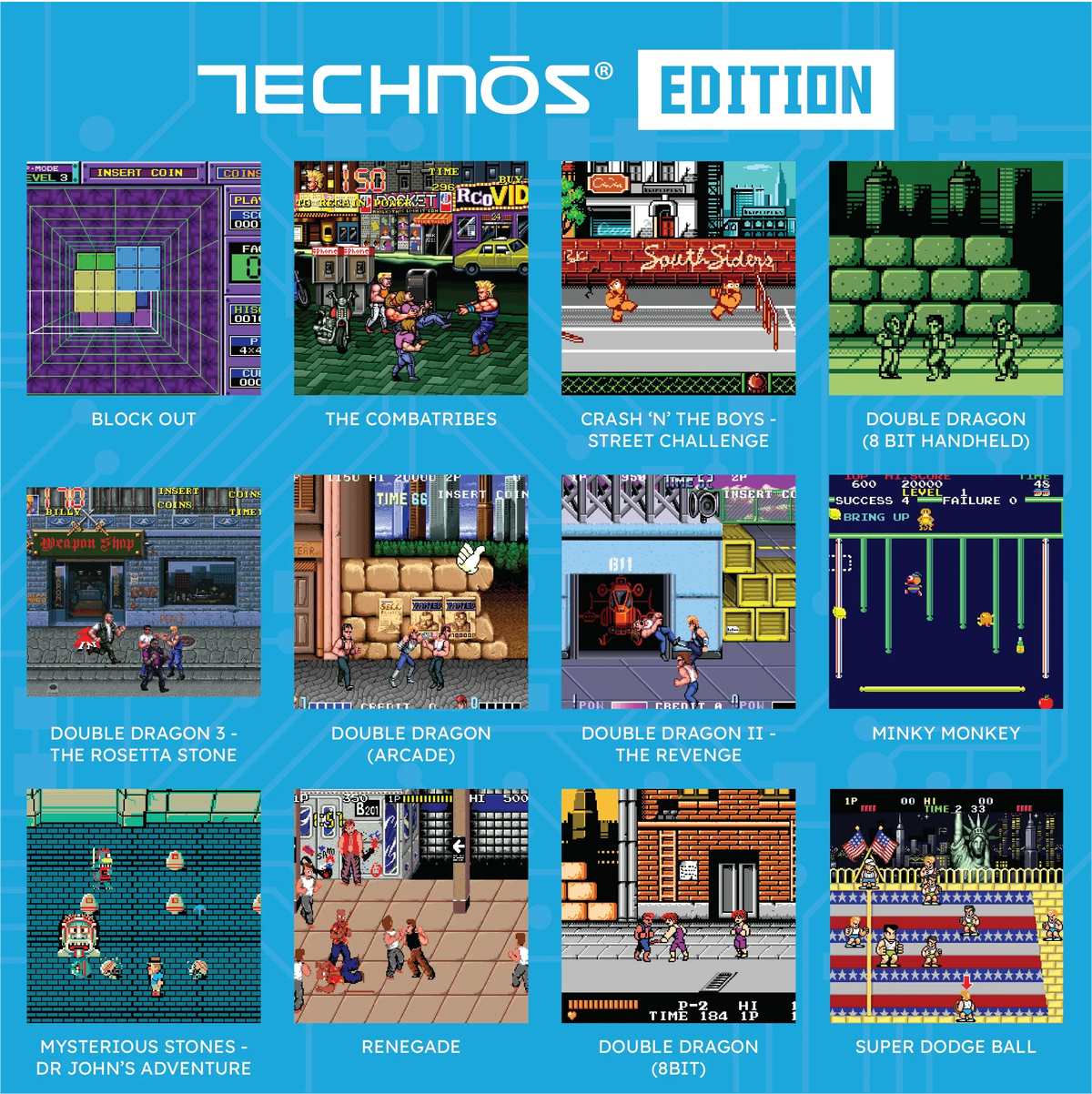 Technos Edition: Kolekcja klasycznych gier wideo, w tym Double Dragon, The Combatribes i Minky Monkey, w stylu 8-bitowym.