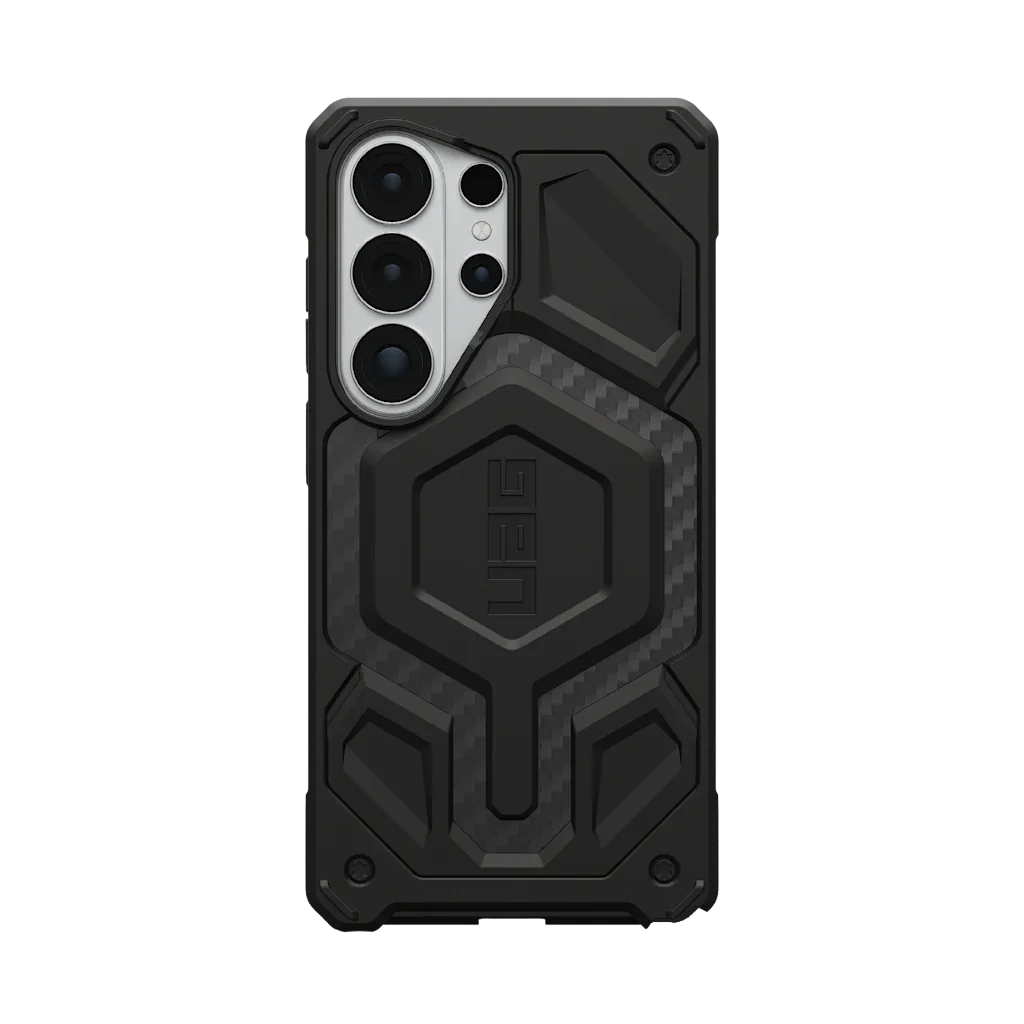 Czarny, ochronny etui na telefon z wzorem węgla i geometrycznymi elementami