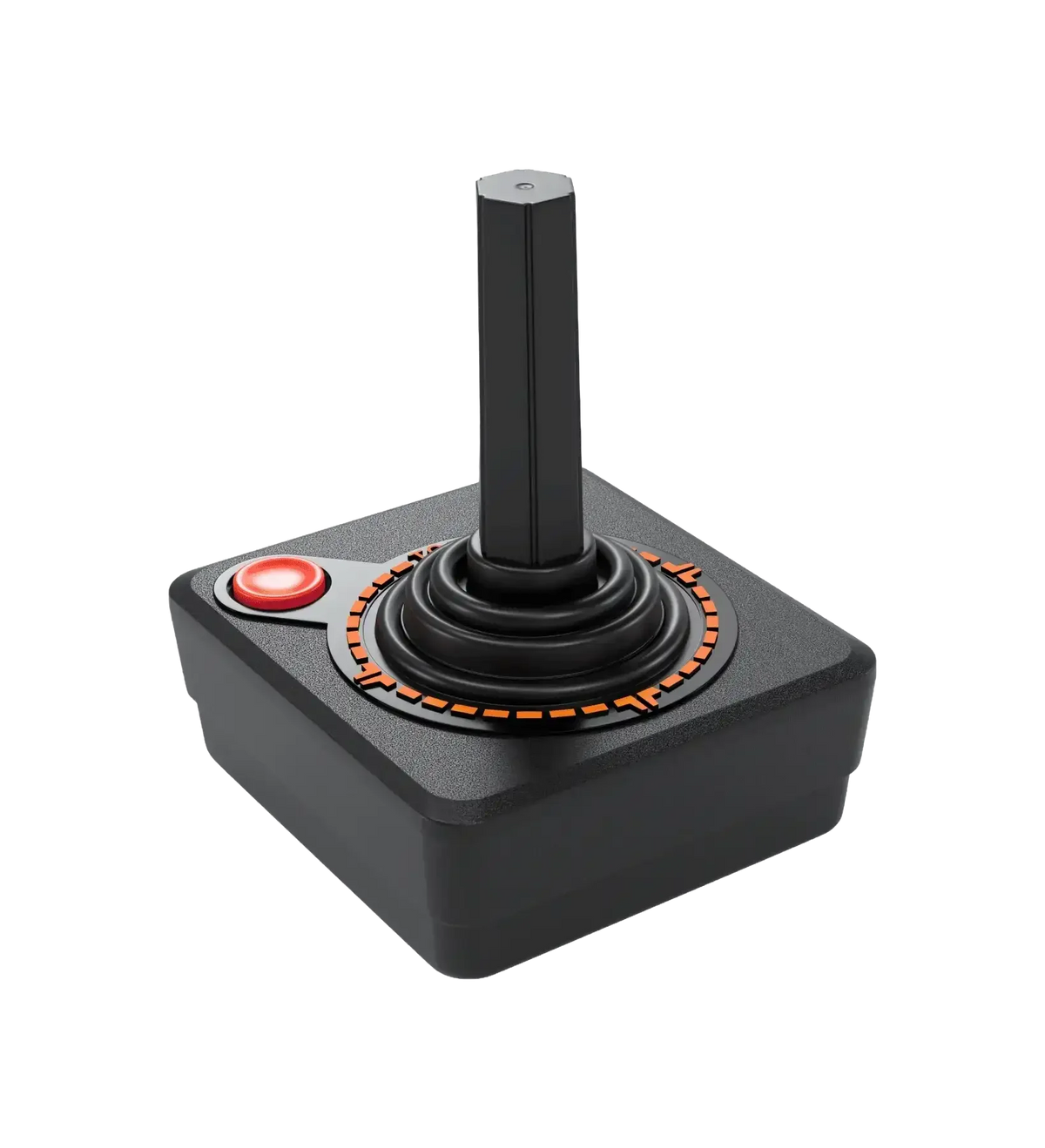 Czarny joystick z czerwonym przyciskiem i pomarańczowymi akcentami, idealny do gier i sterowania