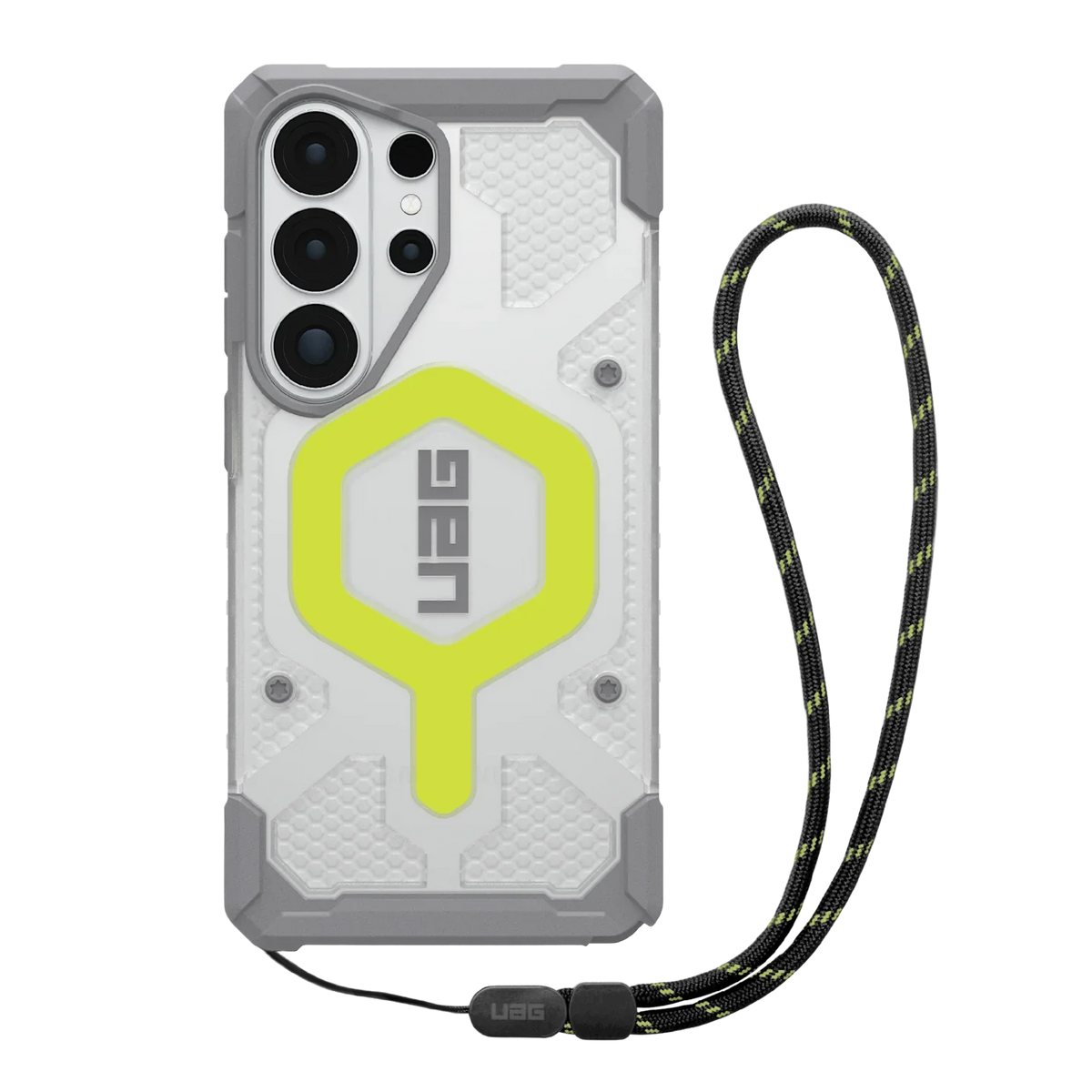 Ochronny etui UAG z żółtym akcentem i paskiem na telefon z wieloma aparatami