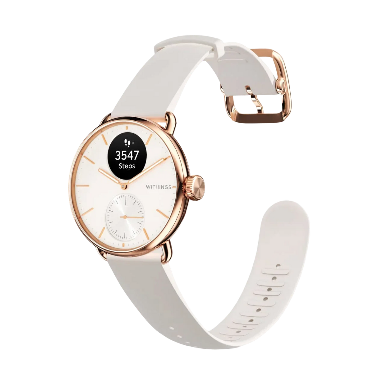 Zegarek Withings z białym paskiem i złotą obudową, wyświetlacz kroków, idealny do home office