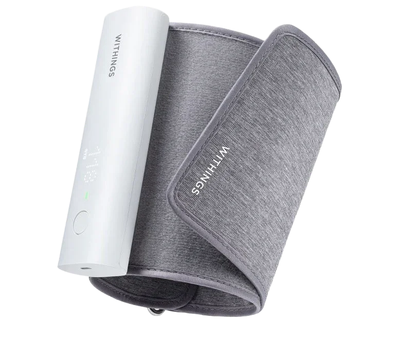 Biały miernik ciśnienia z szarą opaską Withings, idealny do domowego monitorowania zdrowia