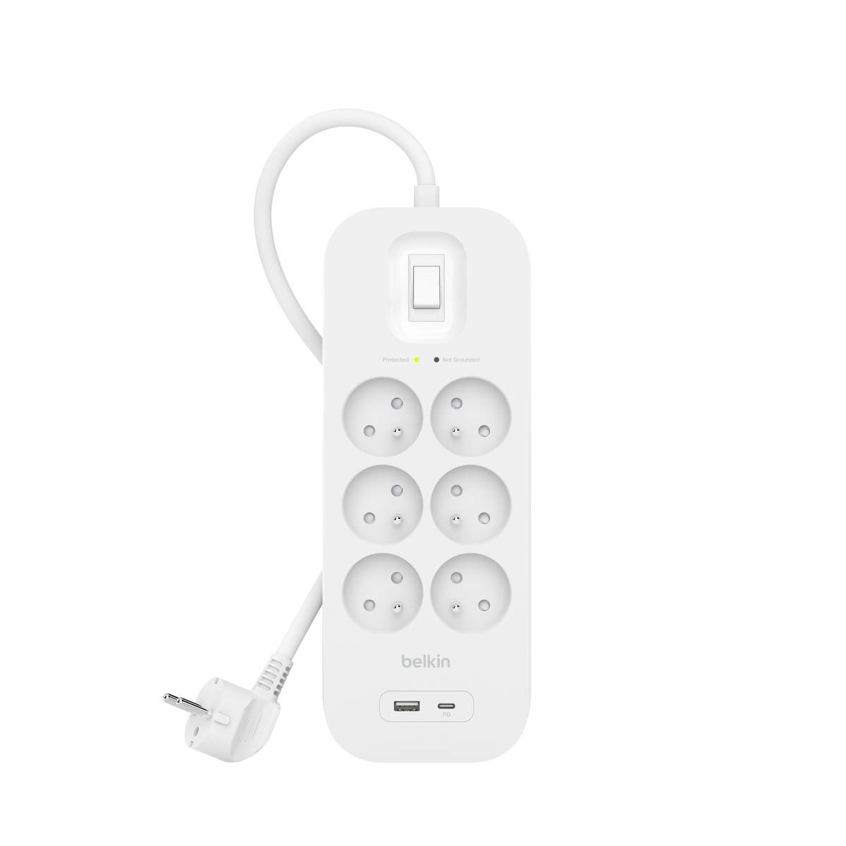 Belkin - Power Strip, 6-sockets + 1xUSB-A 1xUSB-C 650J, 2m