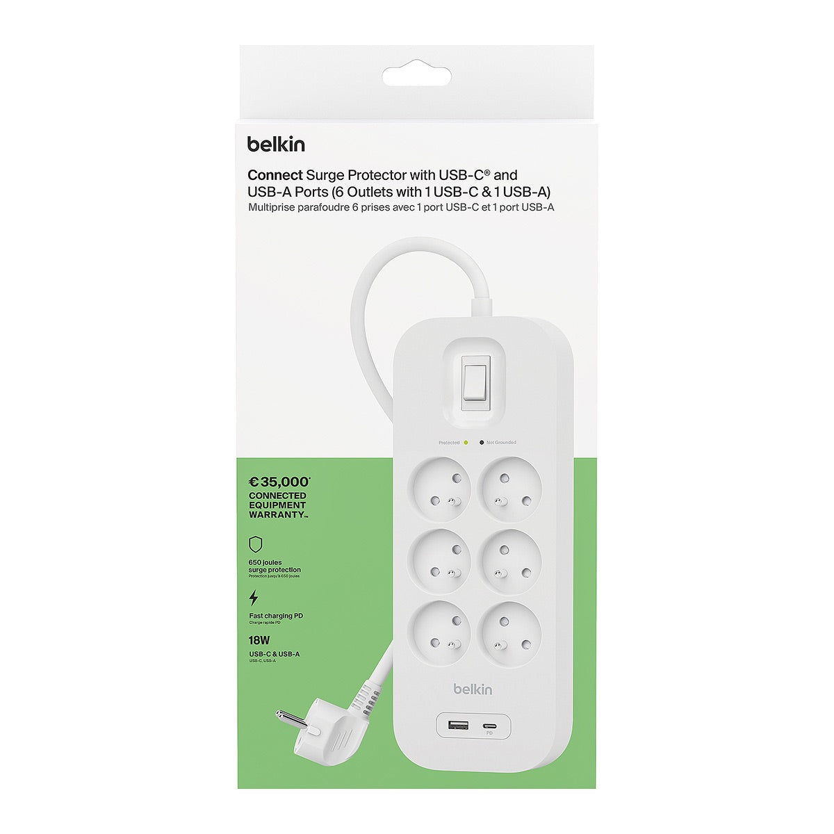Belkin - Power Strip, 6-sockets + 1xUSB-A 1xUSB-C 650J, 2m