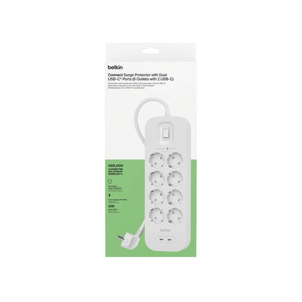 Belkin - Power Strip, 8-sockets + 2xUSB-C 900J, Schuko, 2m