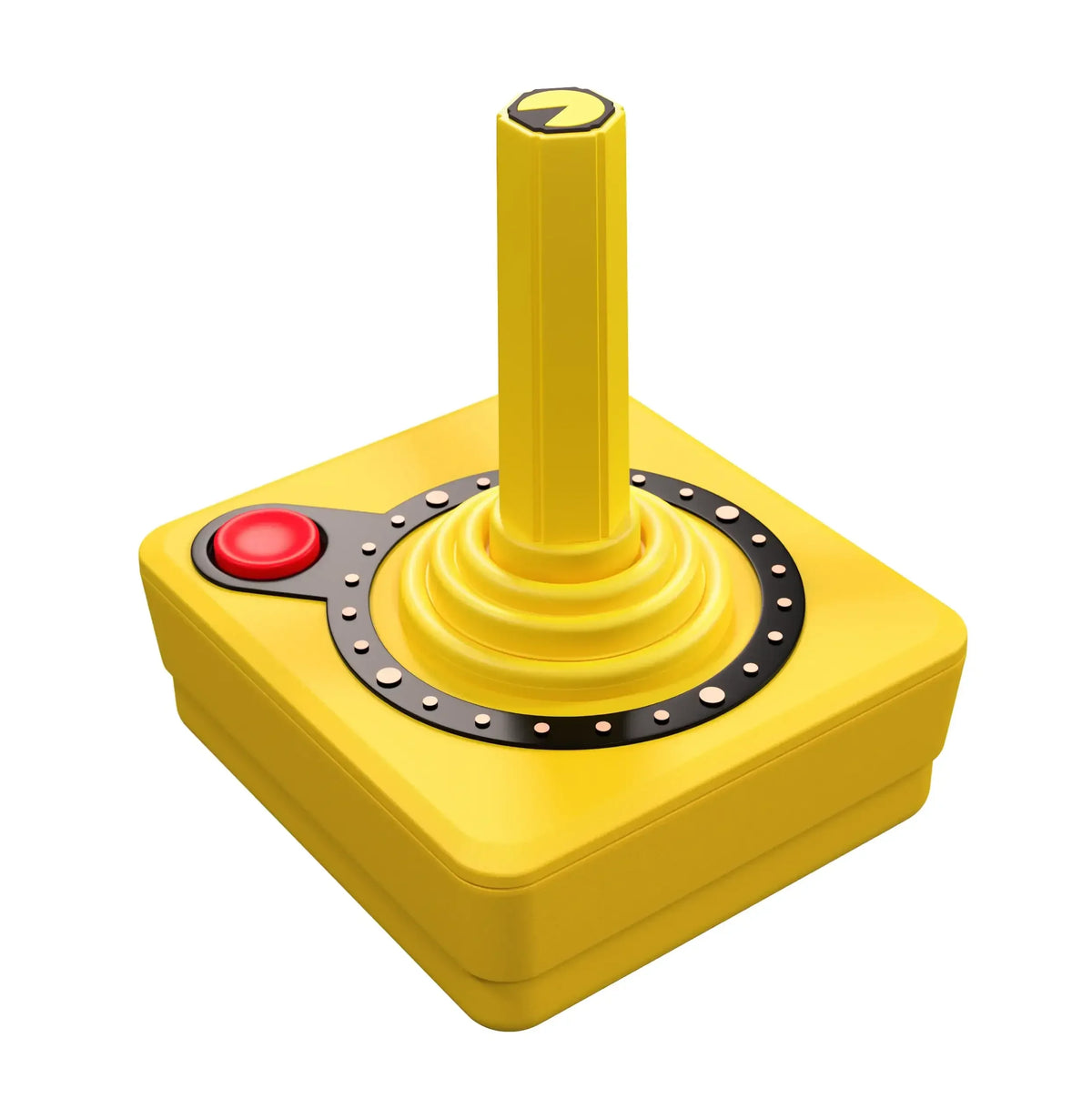 Żółty joystick z czerwonym przyciskiem, idealny do gier retro i desk setupu
