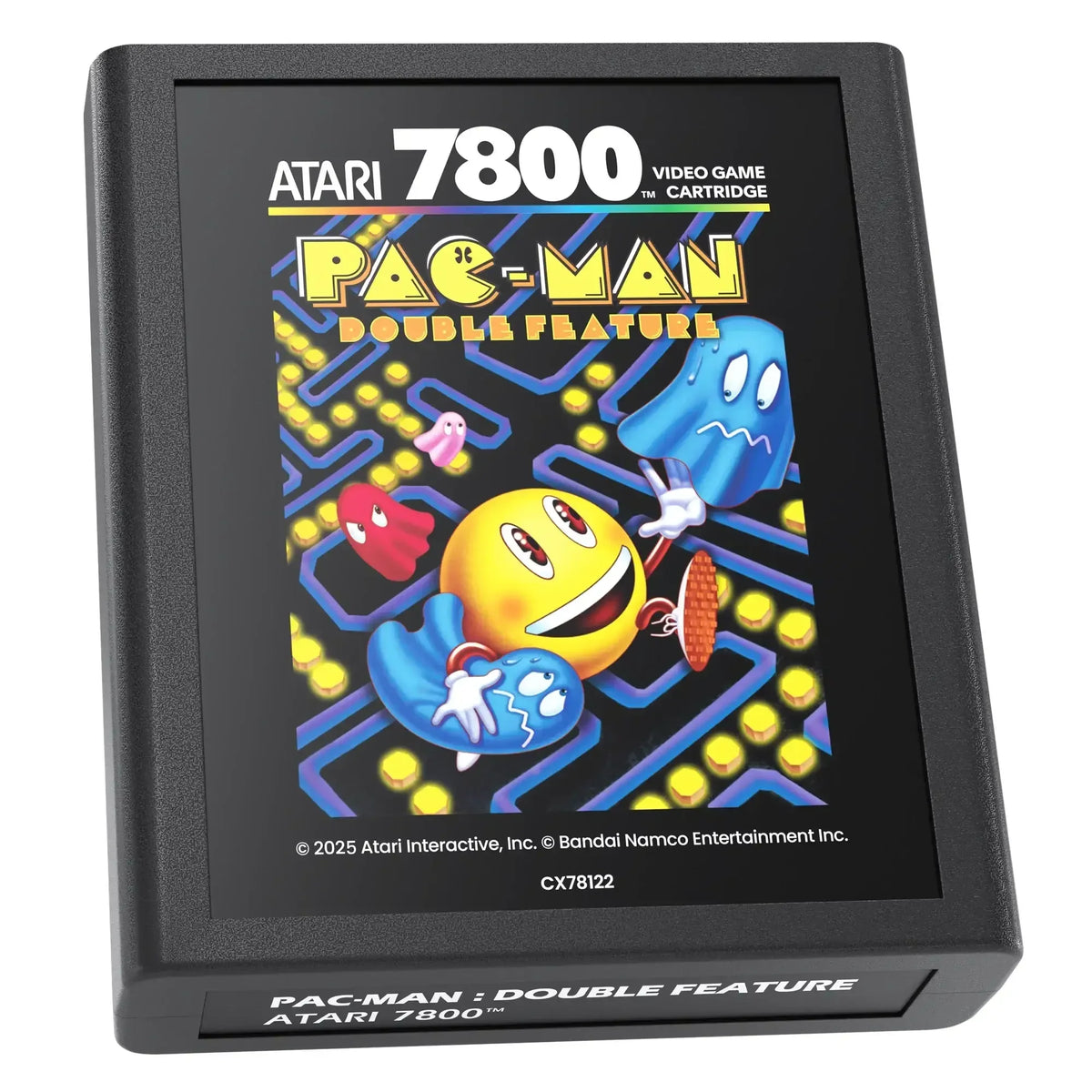 Kartka gry Atari 7800 Pac-Man Double Feature z klasycznymi postaciami na czarnym tle