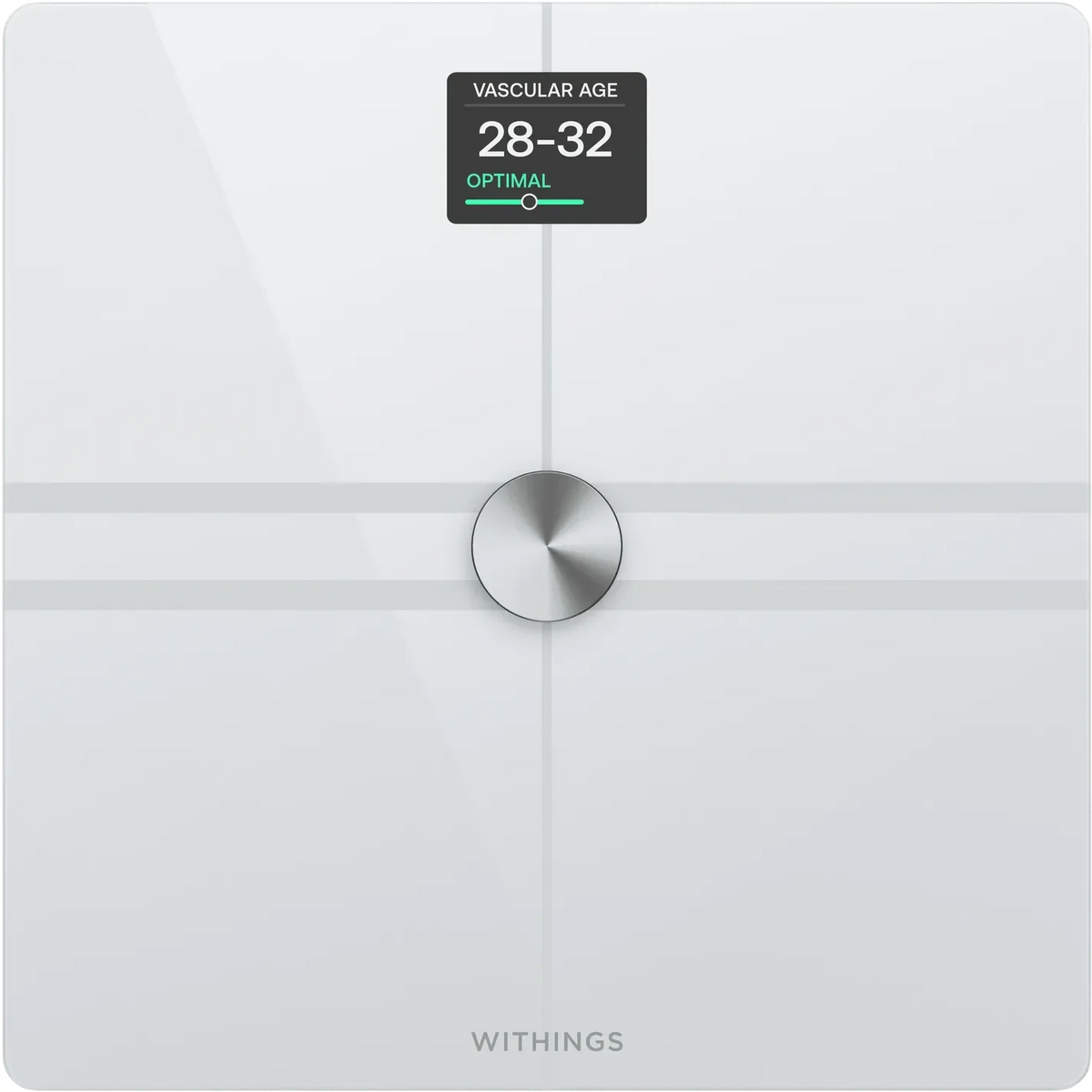 Biała cyfrowa waga Withings z wyświetlaczem wieku naczyniowego 28-32, idealna do domowego biura i zdrowego stylu życia.