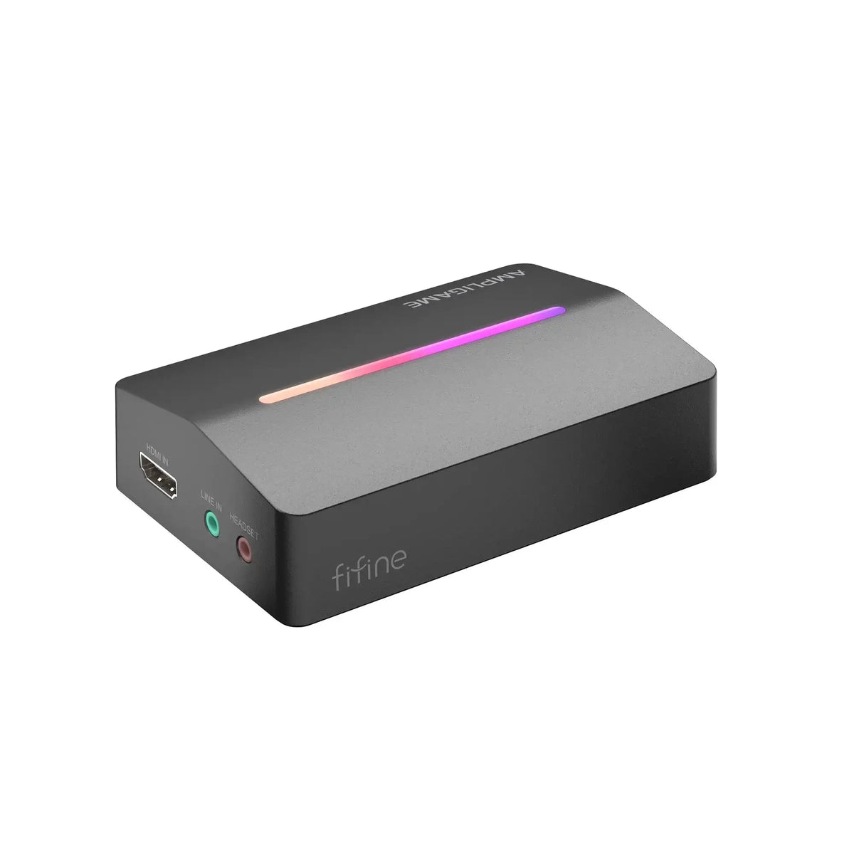 Czarny adapter HDMI z RGB podświetleniem, portami audio i logo 'fifine' – idealny do setupu biurowego.