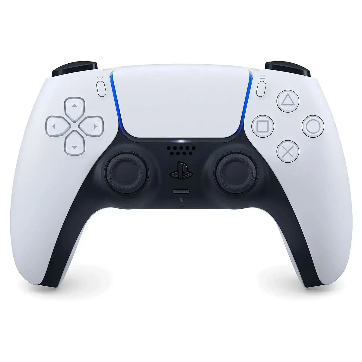 Biały kontroler PlayStation 5 z niebieskim podświetleniem i ergonomicznym designem