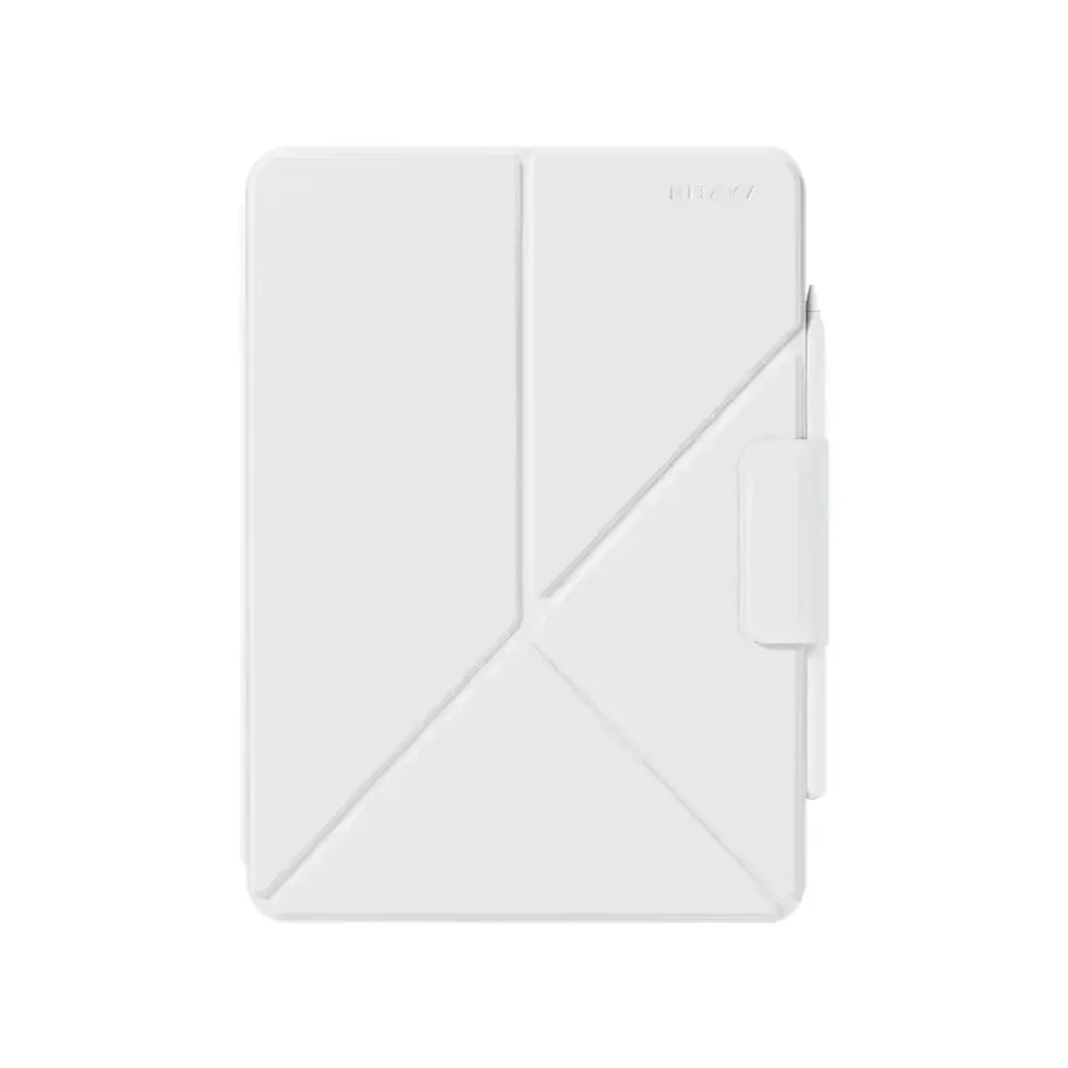Białe etui na tablet z nowoczesnym, geometrycznym wzorem, uchwyt na rysik po prawej stronie.