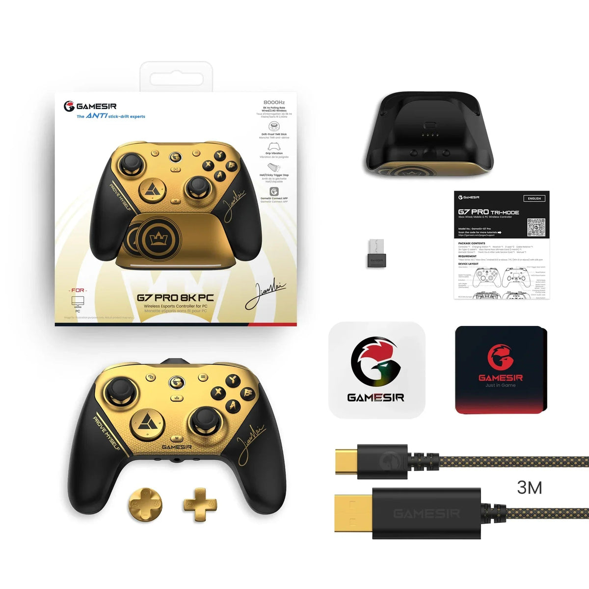 Złoto-czarny kontroler Gamesir G7 Pro 8K PC z akcesoriami, idealny dla graczy i esportu