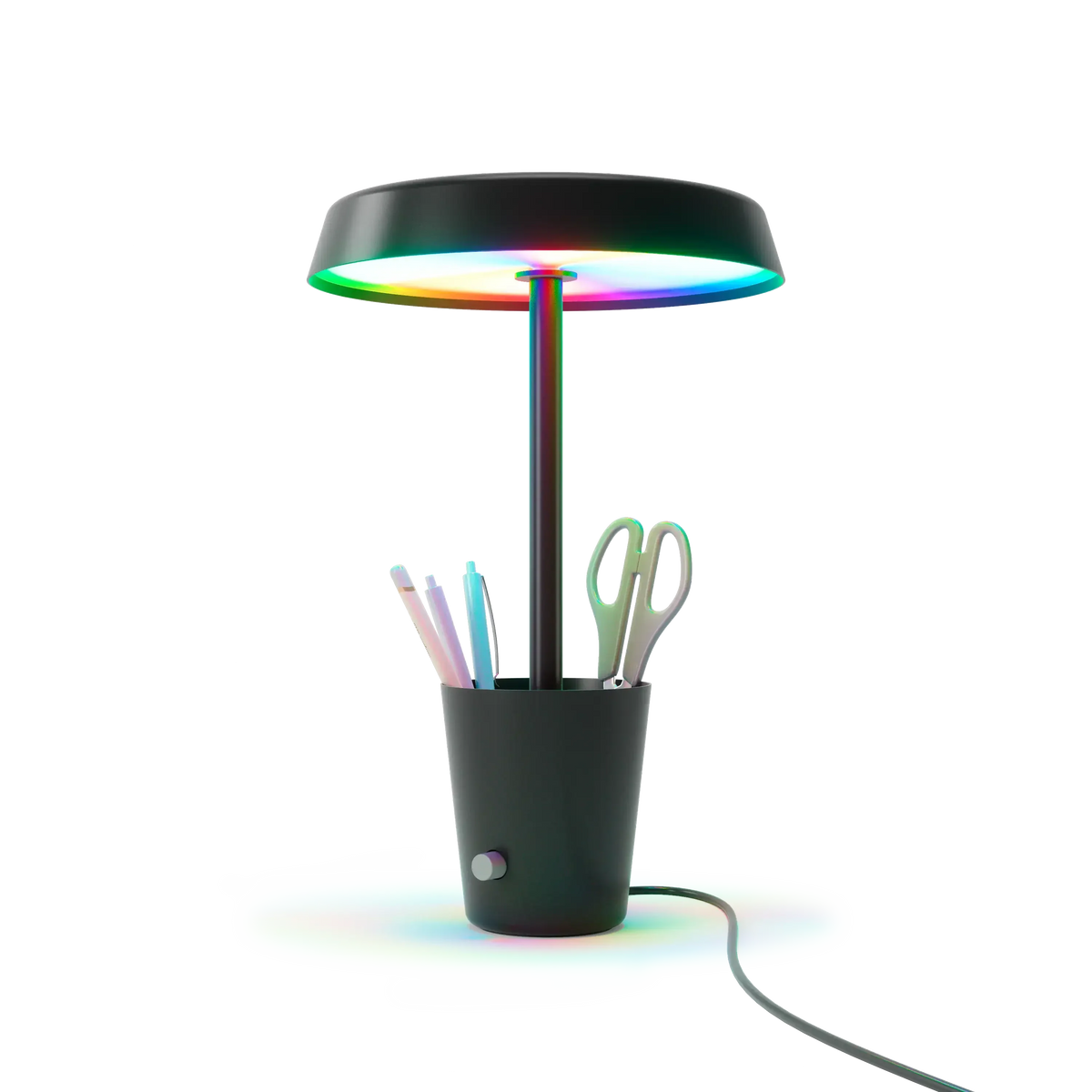 Kolorowa lampa biurkowa z podstawą na akcesoria, idealna do home office i desk setupu