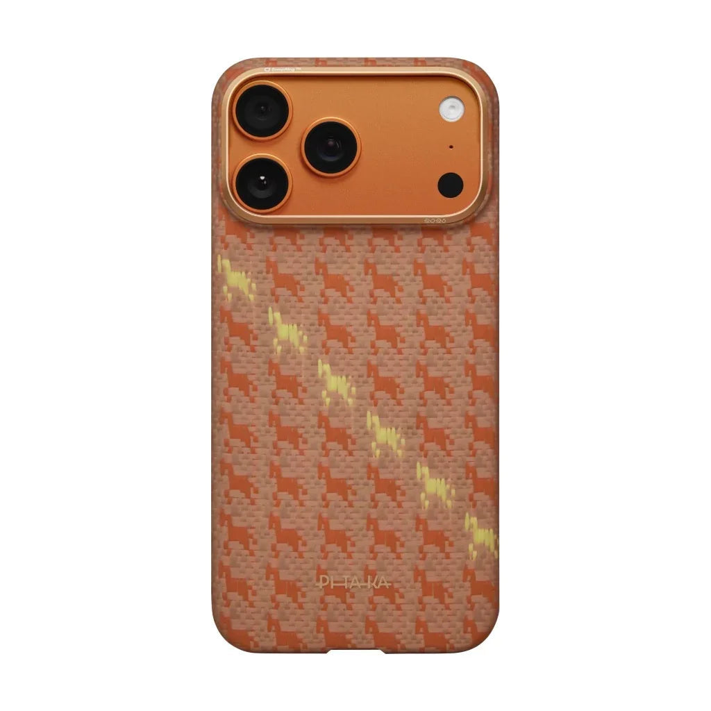 Etui na telefon z wzorem koni w kolorze pomarańczowym, idealne do stylowego desk setupu i home office.