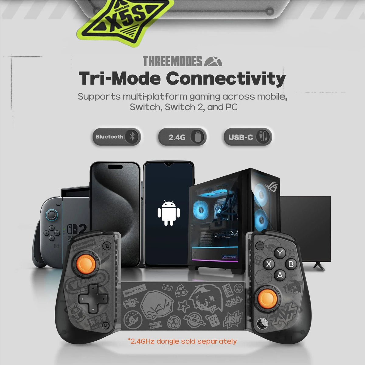 Bezprzewodowy kontroler gamingowy X5S z trójtrybową łącznością Bluetooth, 2.4G i USB-C do PC, Switch i telefonów