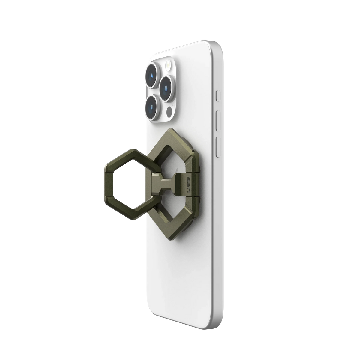 Zielony uchwyt na telefon z geometrycznym designem do iPhone'a, idealny do Home Office i biurka