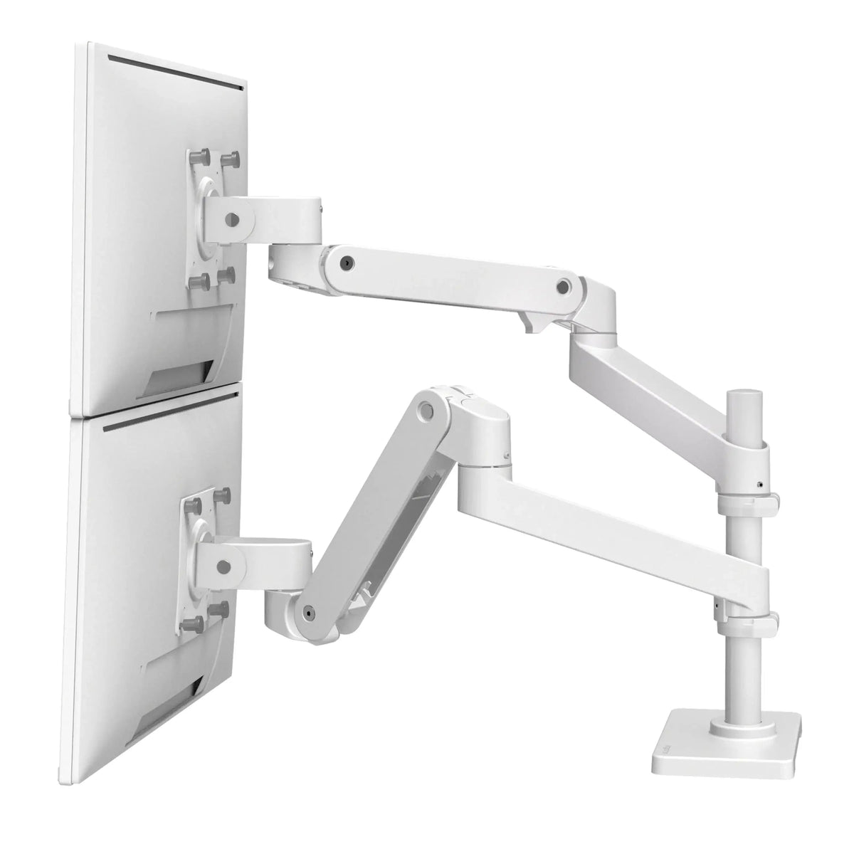 Biały stojak na dwa monitory, idealny do home office i ergonomicznego desk setupu