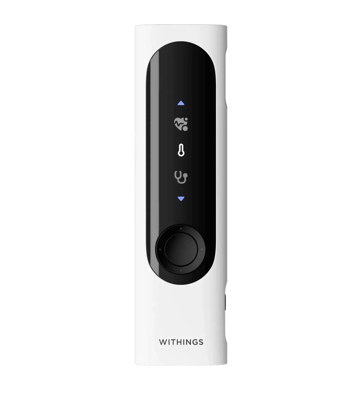 Biały termometr cyfrowy Withings z czarnym ekranem i przyciskami, idealny do domowego biura