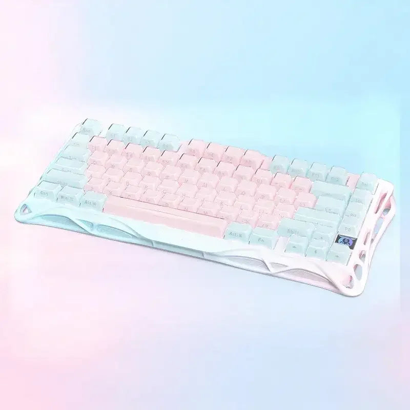 Mechaniczna klawiatura pastelowa w odcieniach różu i błękitu, idealna do home office i personalizacji desk setupu.