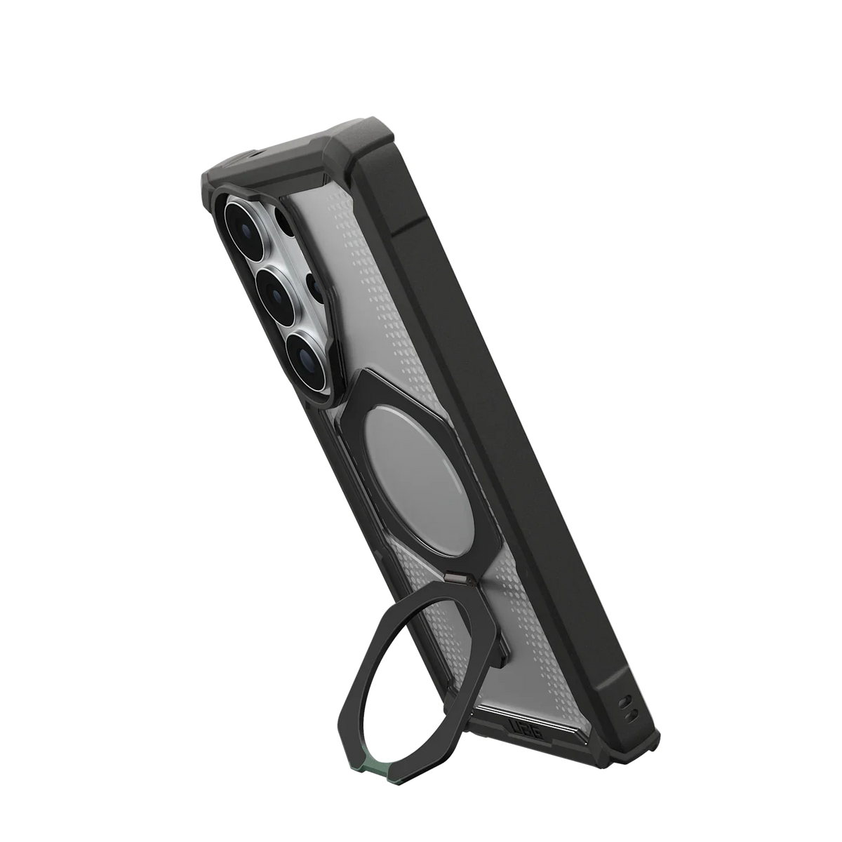 Czarny etui z uchwytem i stojakiem na telefon, idealne do biurka w Home Office