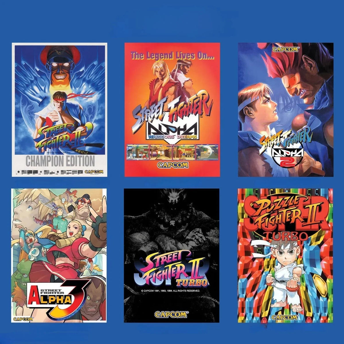Kolekcja okładek gier Street Fighter Alpha i Turbo od Capcom, idealnych dla fanów klasycznych walkowców