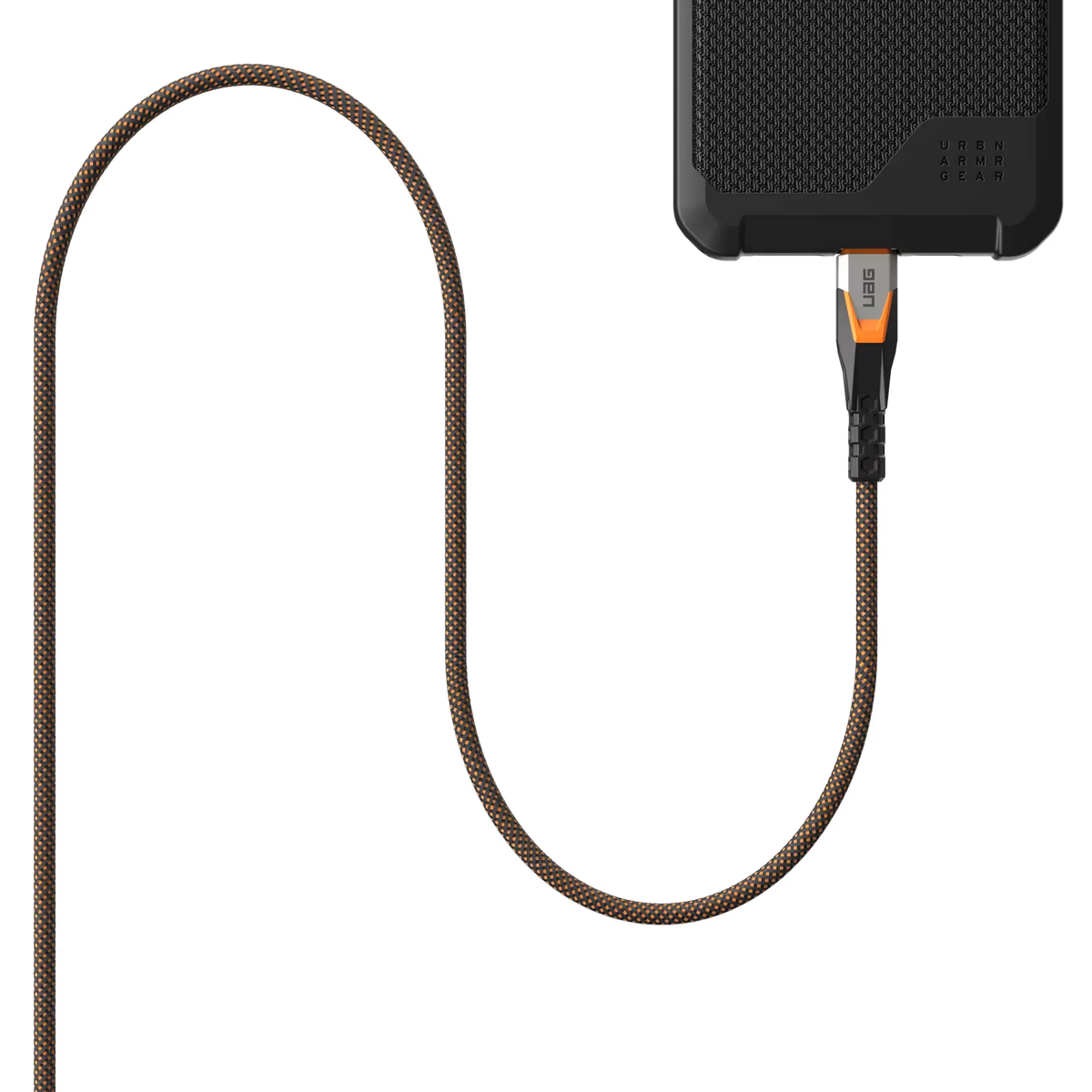 Czarno-pomarańczowy kabel USB-C z tkaniną do ładowarki UAG, idealny do setupu biurowego i home office.