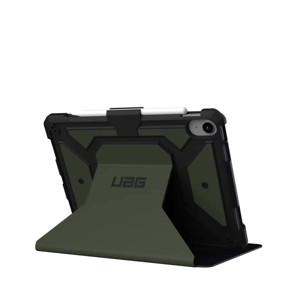 Zielony etui UAG z podstawką na tablet, idealne dla biura domowego i komfortu pracy