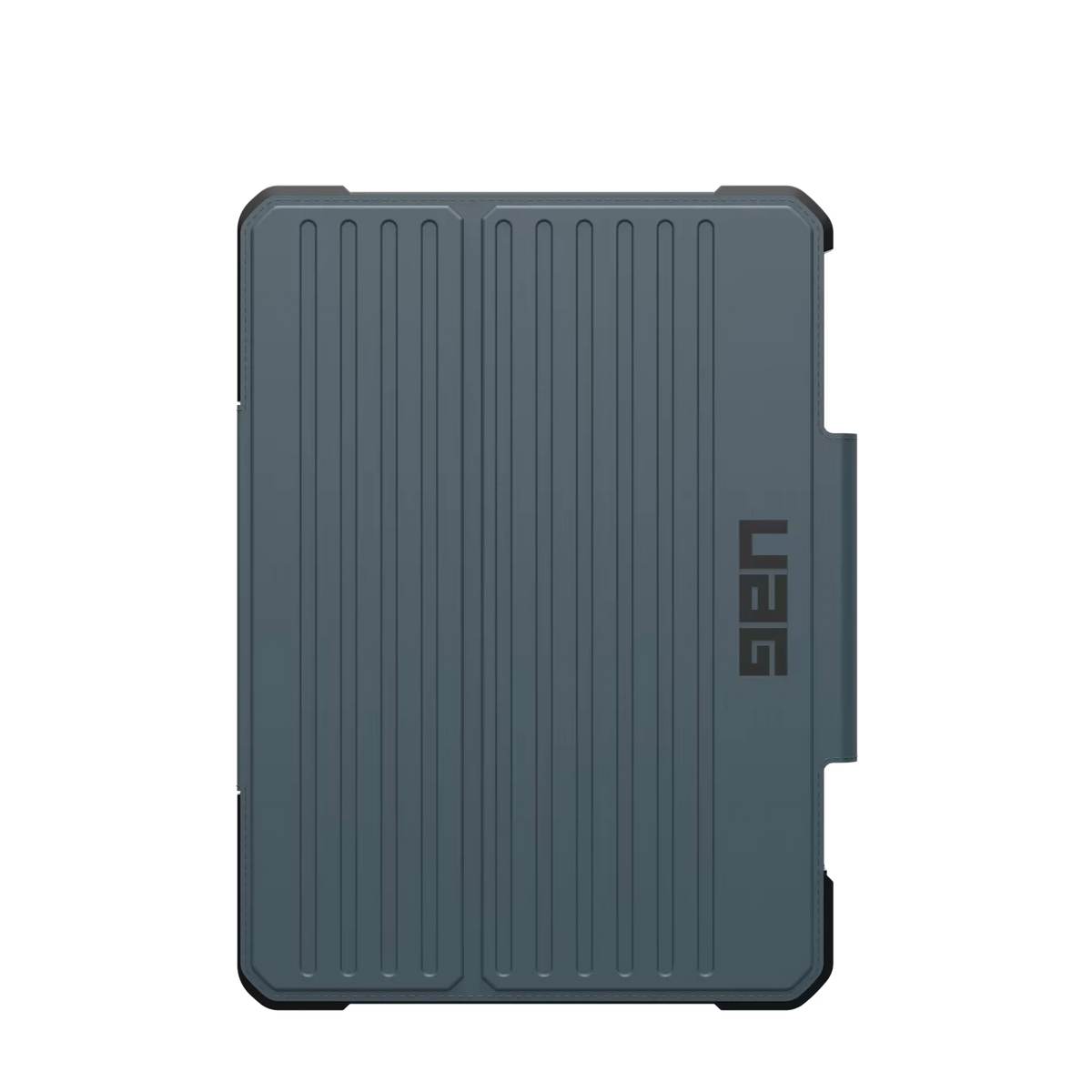 Szary etui na tablet z pionowymi żebrami i logo UAG, idealne dla home office