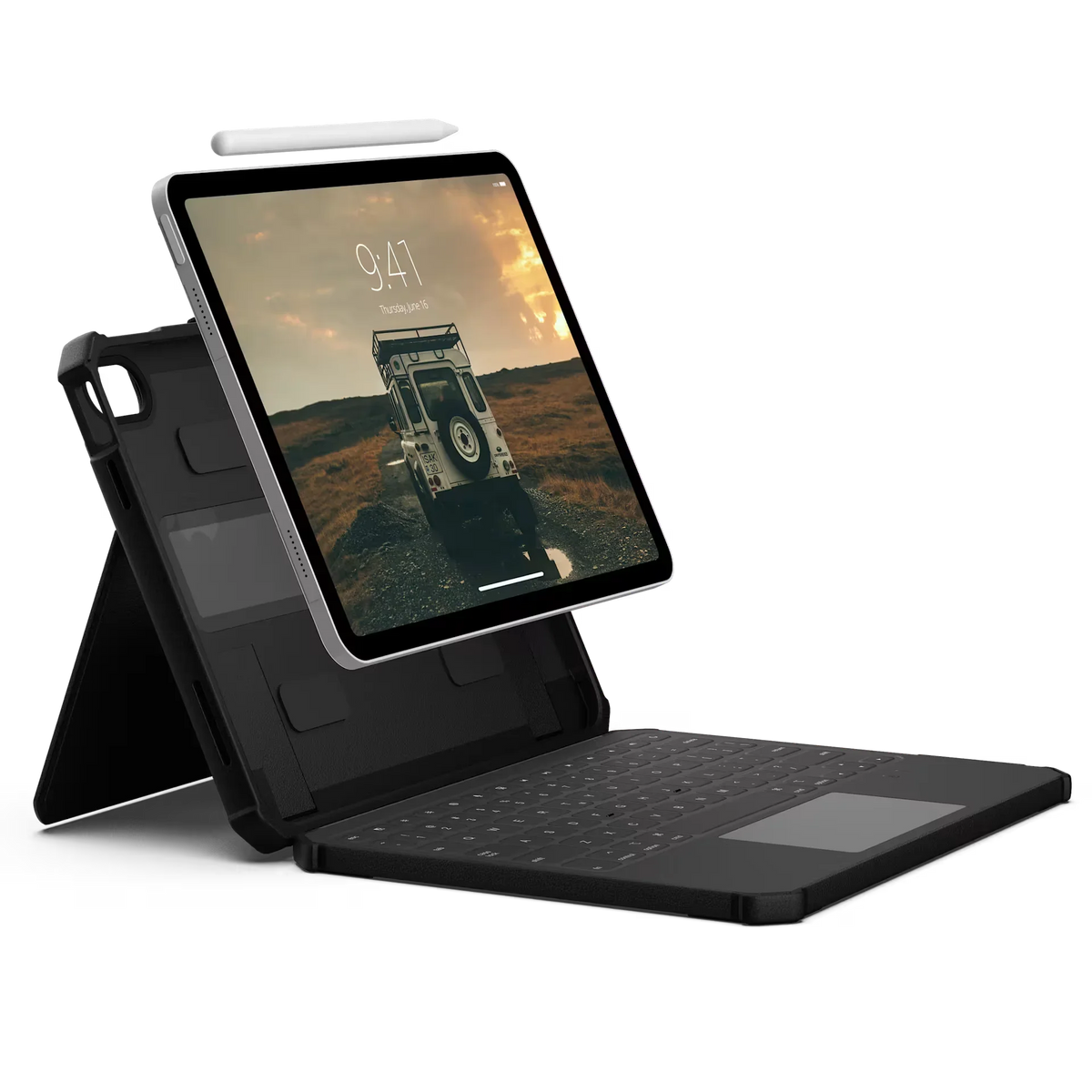 Czarny etui z klawiaturą i touchpadem do tabletu, idealne dla Home Office i efektywnego pracy