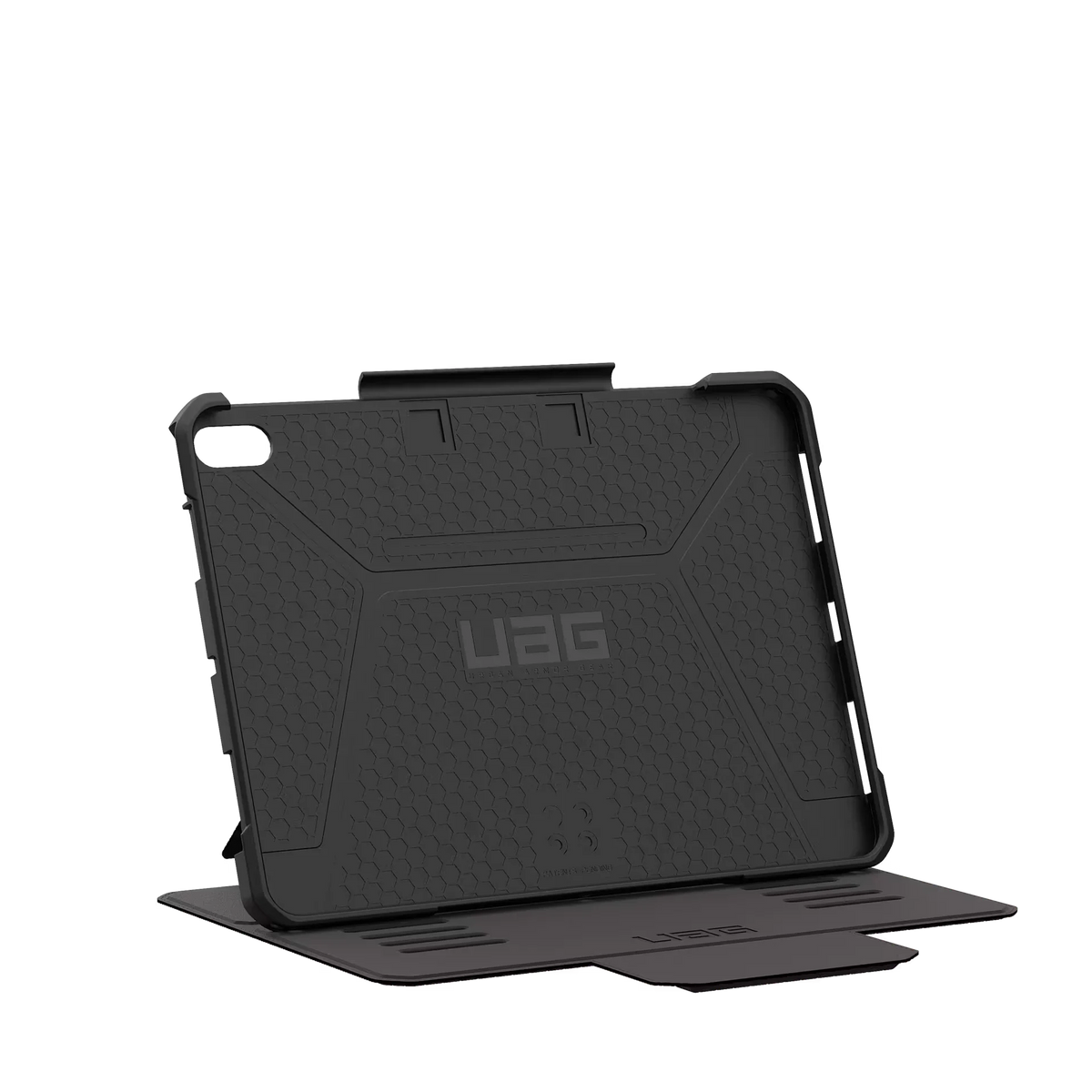 Czarny etui UAG z podstawką do tabletu, idealne dla home office i biurka