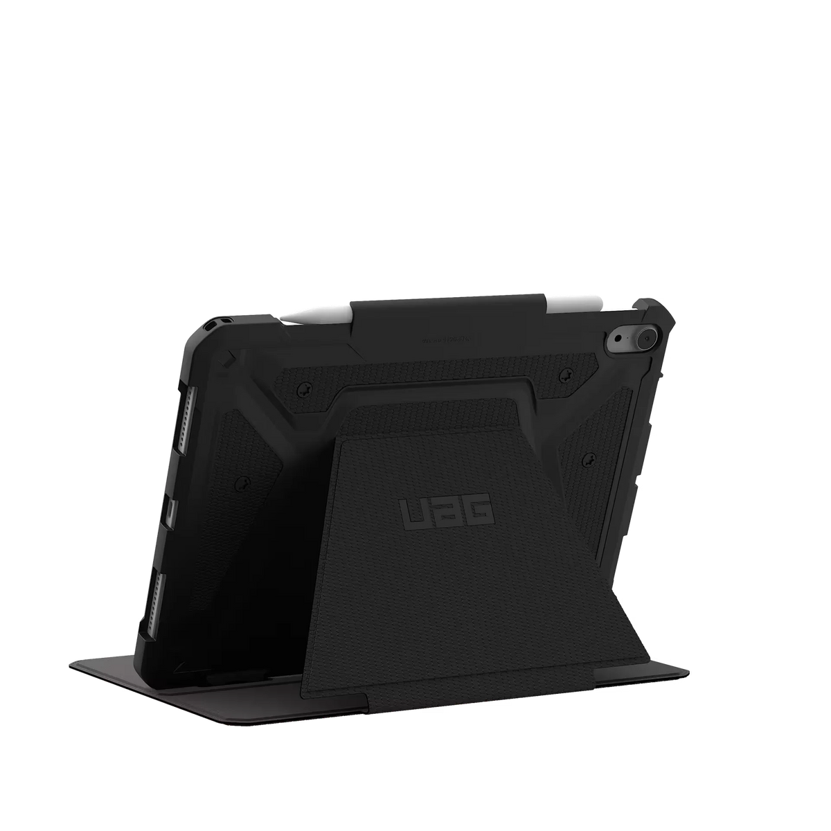 Czarny, odporny etui na tablet z uchwytem na długopis i wbudowanym stojakiem, idealne dla home office.