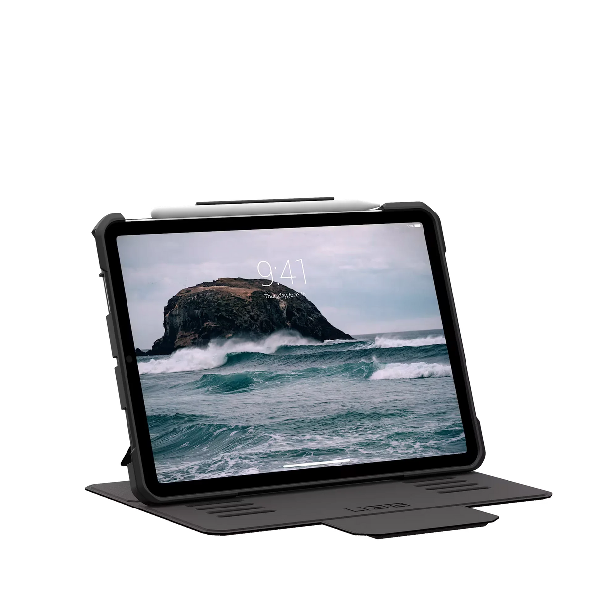 Czarny etui z podstawą na tablet z długopisem, idealne dla Home Office i desk setupu