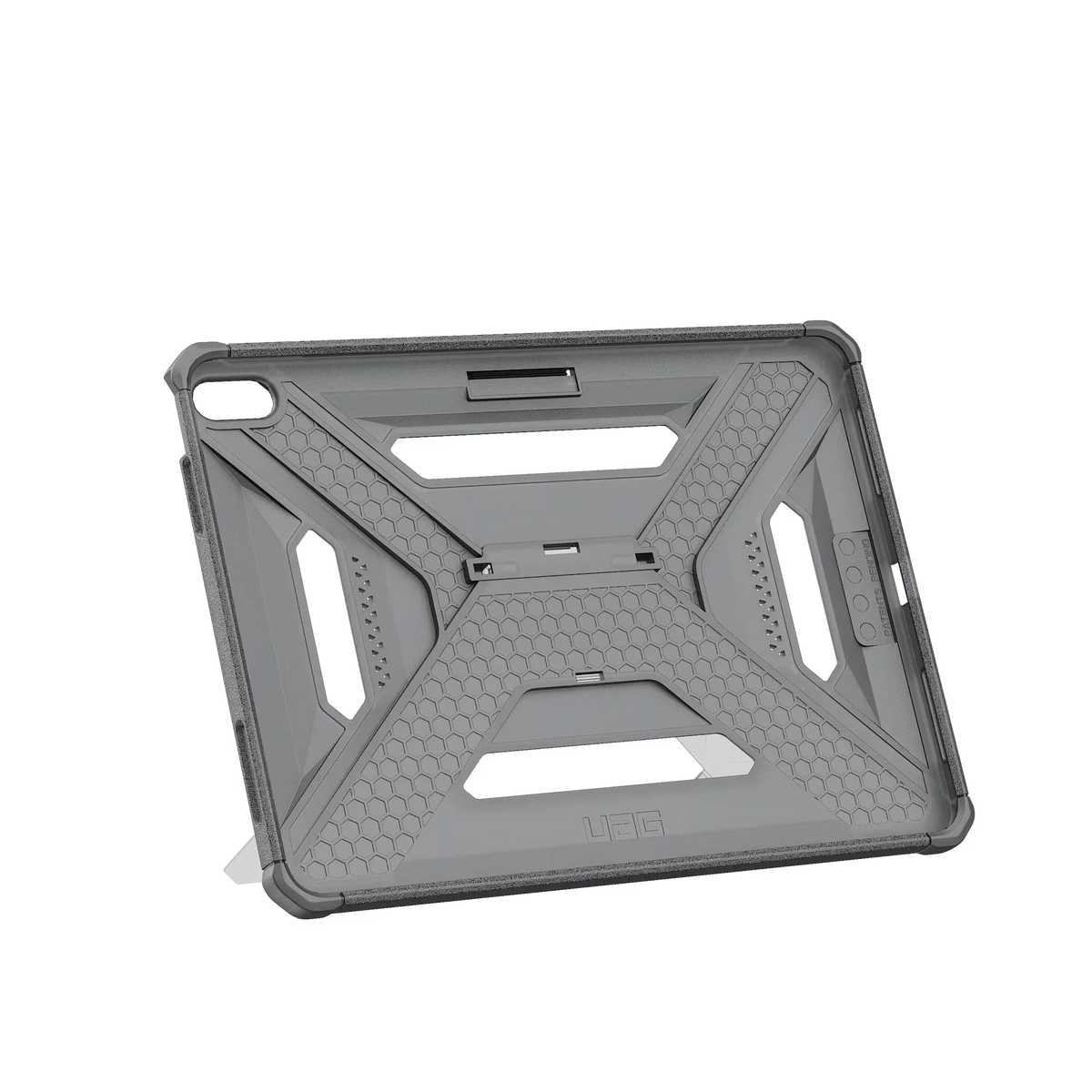 Szary stojak na tablet z honeycomb wzorem, idealny do home office i biura, zwiększający komfort pracy