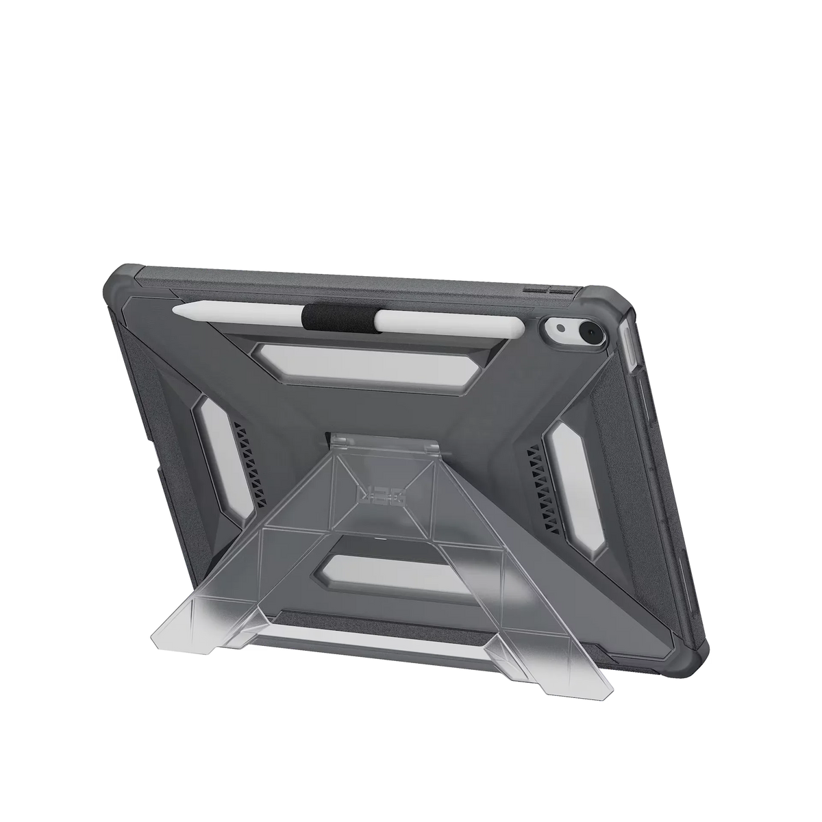 Szary, odporny etui na tablet z wbudowanym stojakiem i uchwytem na długopis, idealne do home office