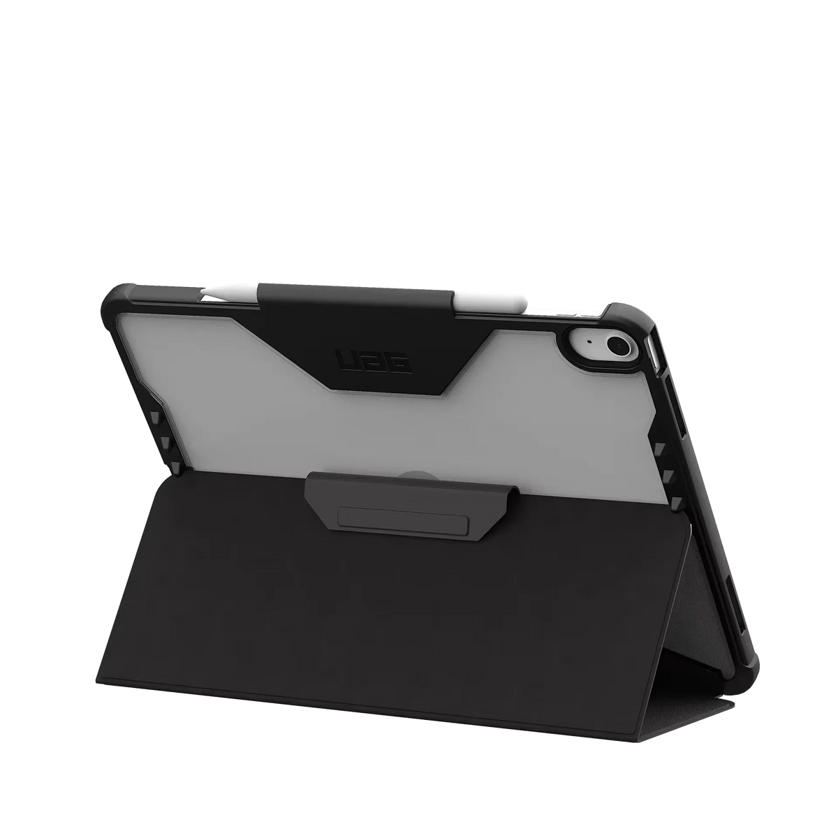 Czarny etui UAG z podstawką do tabletu, idealne dla home office i biurka