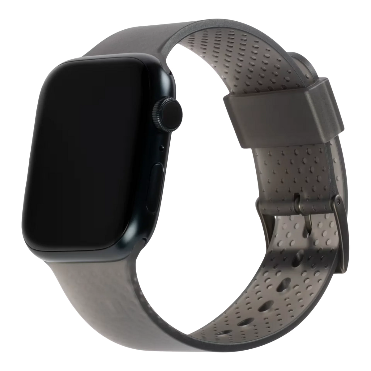Czarny smartwatch z perforowanym paskiem, idealny do home office i aktywnego stylu życia