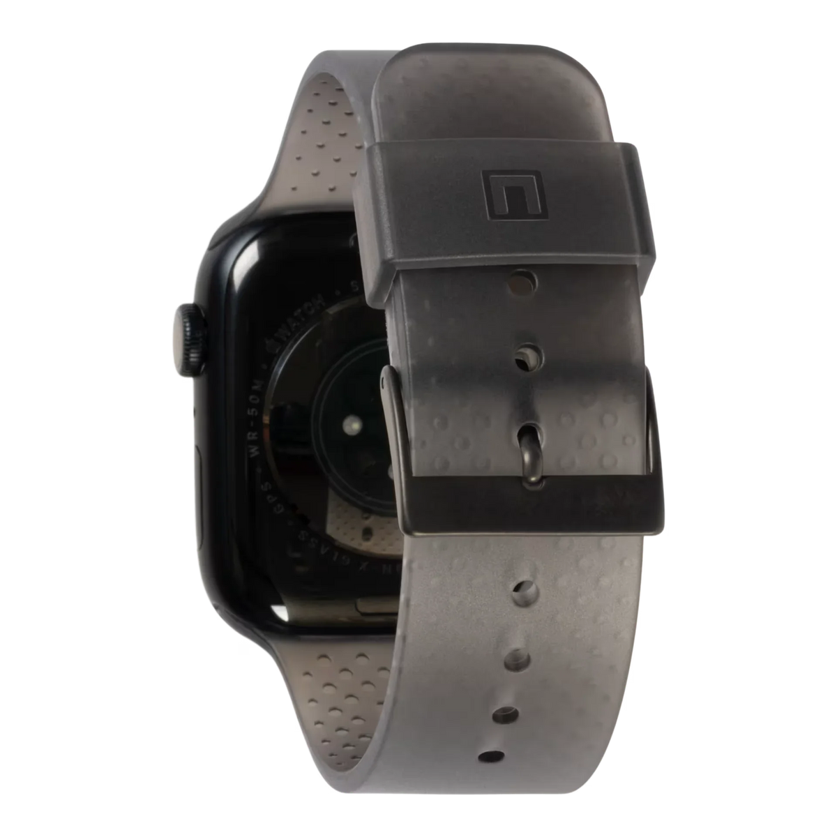 Szary pasek sportowy do Apple Watch z perforacjami i klamrą, idealny dla aktywnego stylu życia