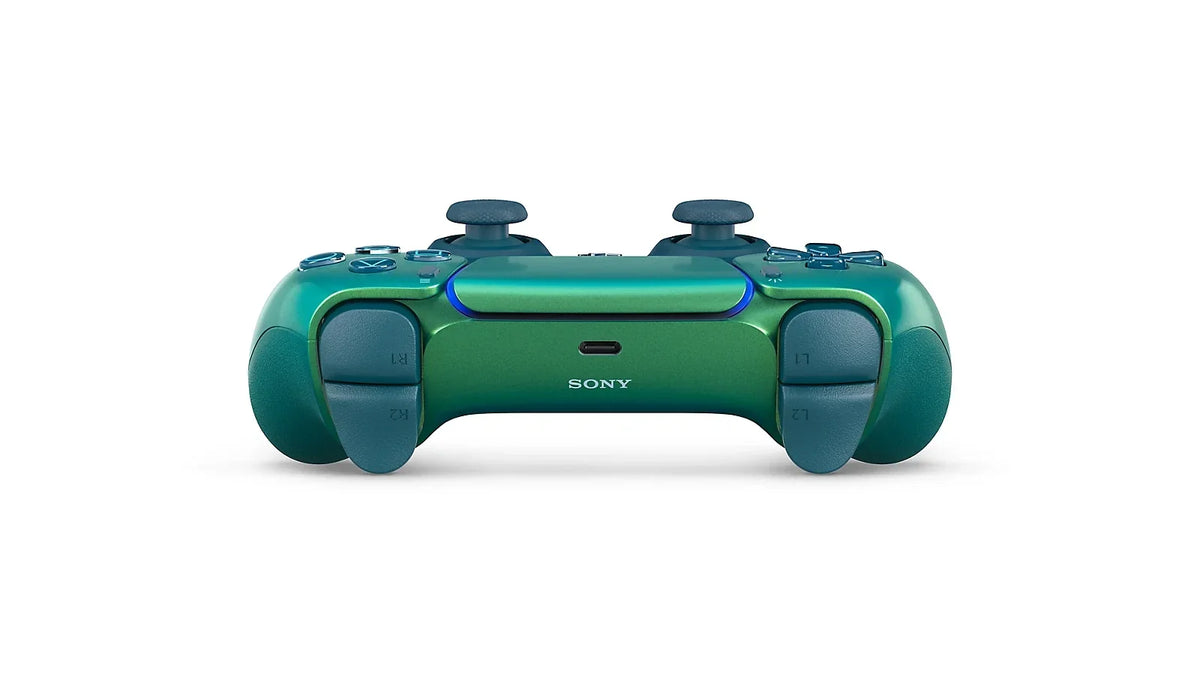 Zielony kontroler Sony DualSense z niebieskimi akcentami, idealny do gier na konsoli PlayStation