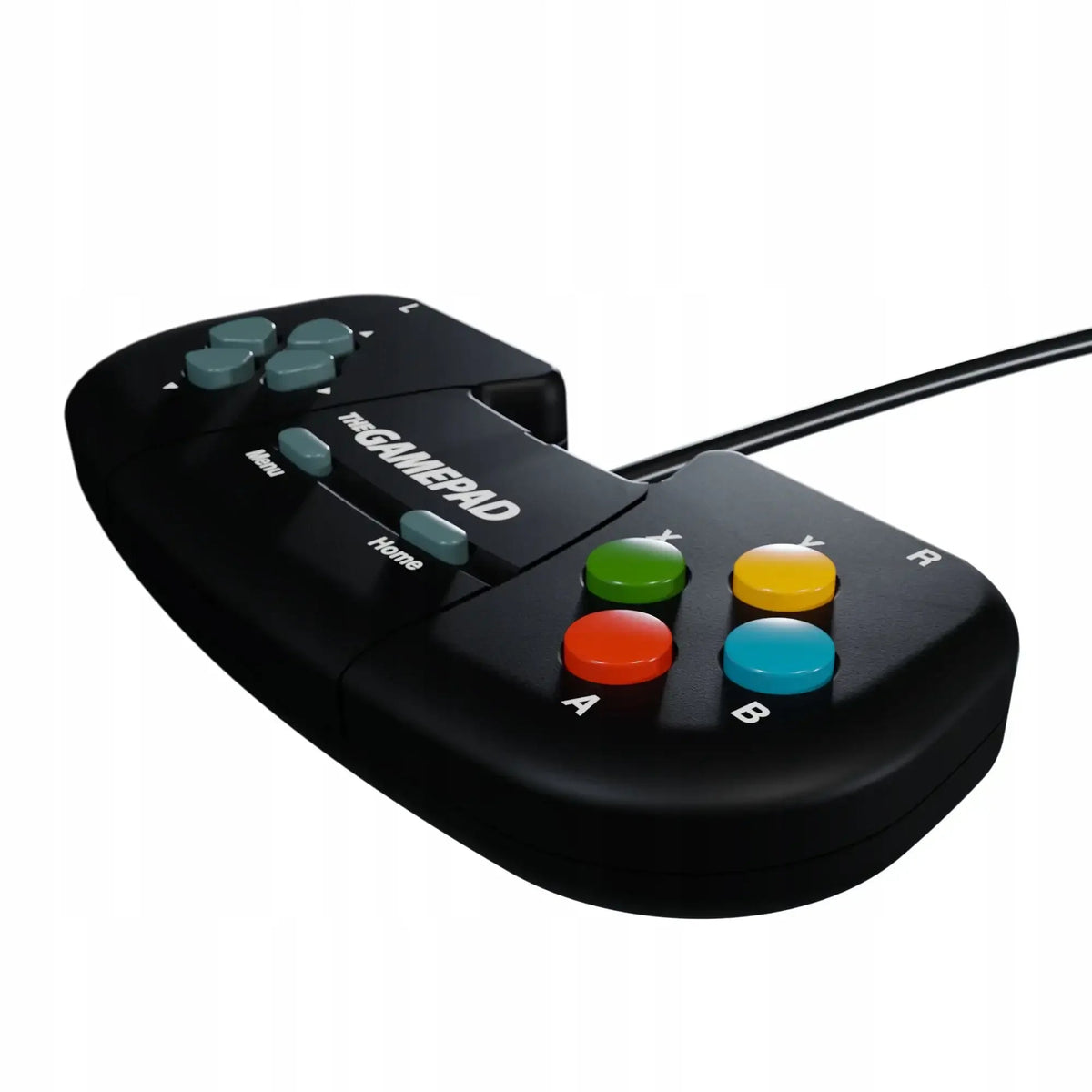 Czarny gamepad z kolorowymi przyciskami A, B, X, Y i kierunkowymi, idealny dla graczy