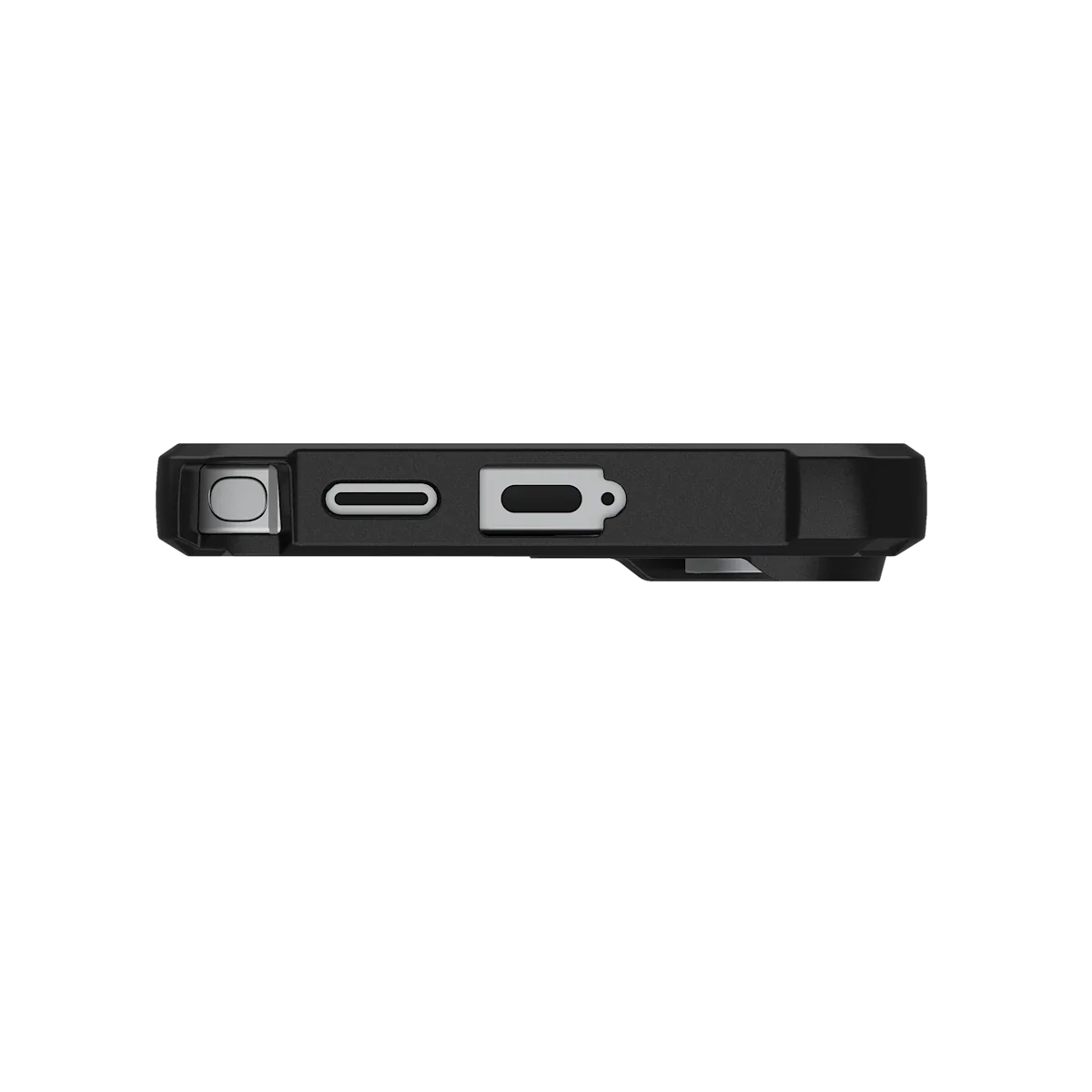 Czarny stojak na telefon z portem USB-C i gniazdem ładowania, idealny do home office