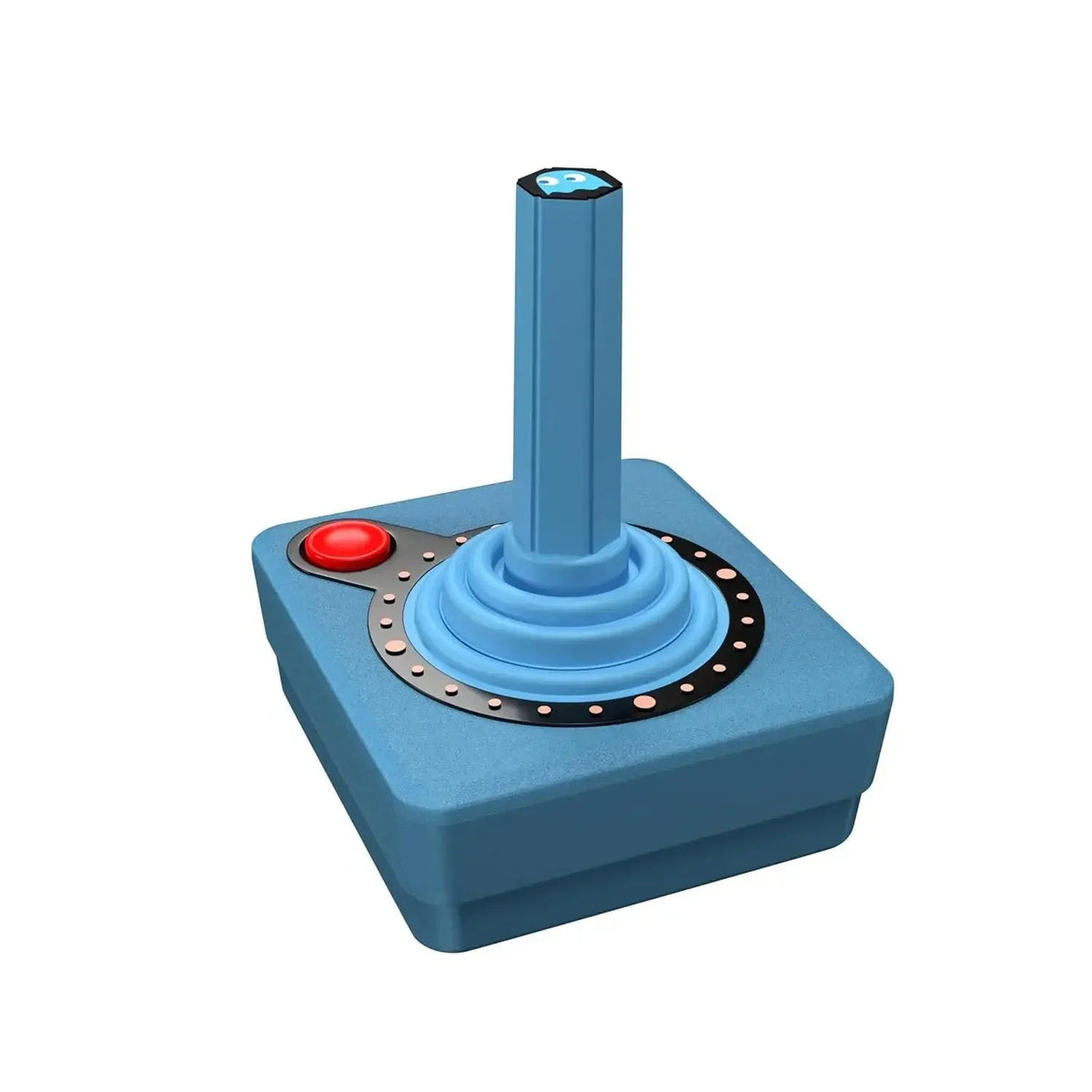 Niebieski joystick z czerwonym przyciskiem, akcesorium do desk setupu i gier
