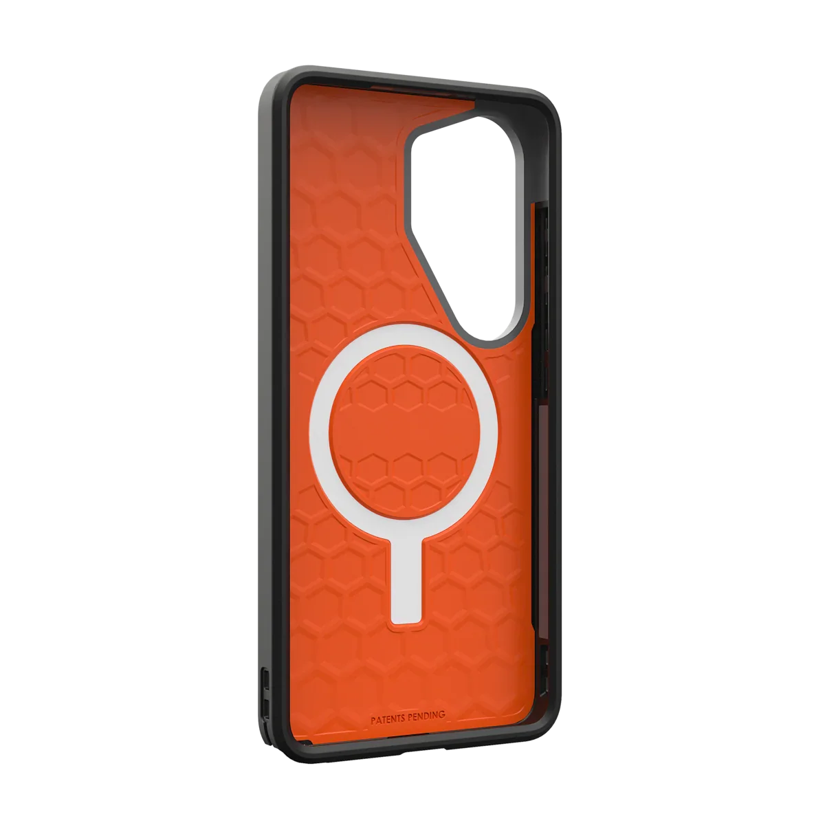Pomarańczowy etui na telefon z magnetycznym uchwytem i sześciokątnym wzorem, idealne dla Home Office