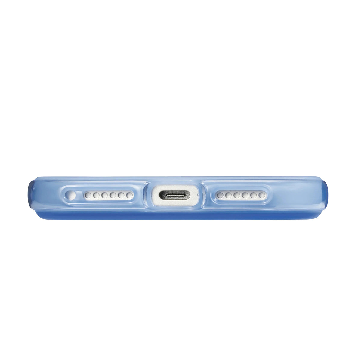 Niebieski etui na telefon z widocznym portem USB-C i głośnikami, idealne do Home Office