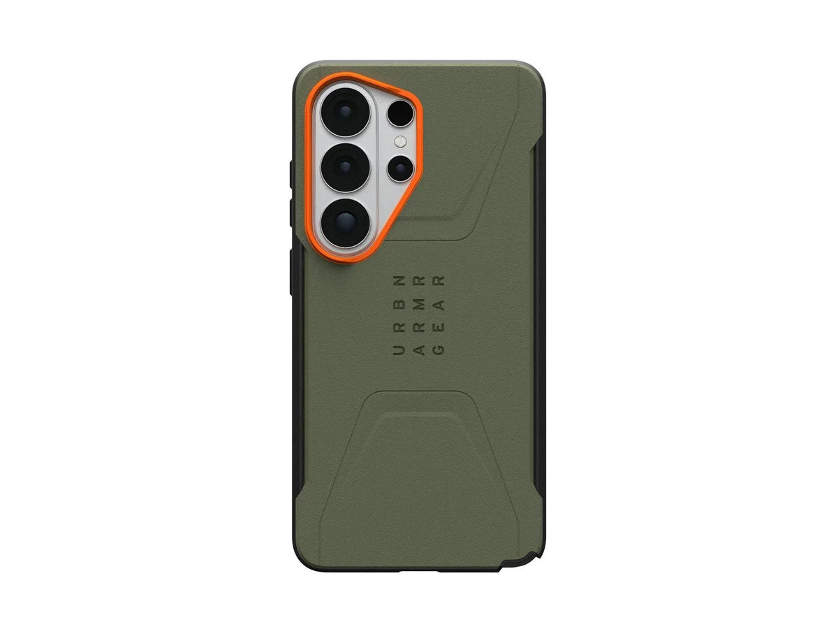 Zielony etui na telefon z pomarańczowym obramowaniem aparatu i napisem URBAN ARMOR GEAR