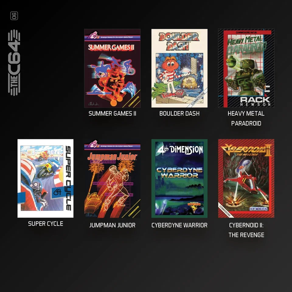 Kolekcja klasycznych gier Commodore 64: Summer Games II, Boulder Dash, Heavy Metal, Super Cycle, Jumpman Junior, Cyberdyne Warrior, Cybernoid II