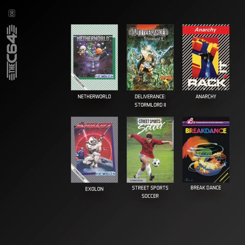 Kolekcja gier retro Commodore 64: Netherworld, Deliverance, Anarchy, Exolon, Street Sports Soccer, Breakdance