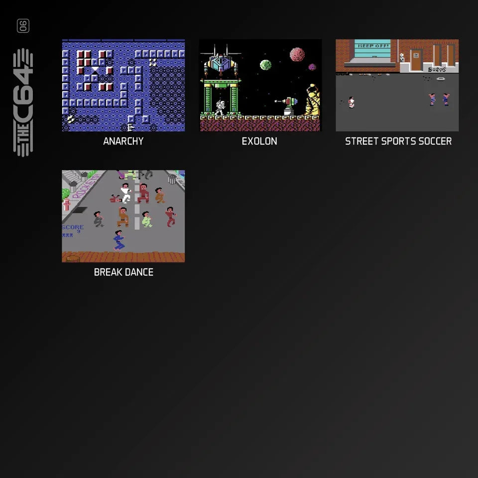 Kolekcja retro gier C64: Anarchy, Exolon, Street Sports Soccer, Break Dance – klasyczne pixele na czarnym tle