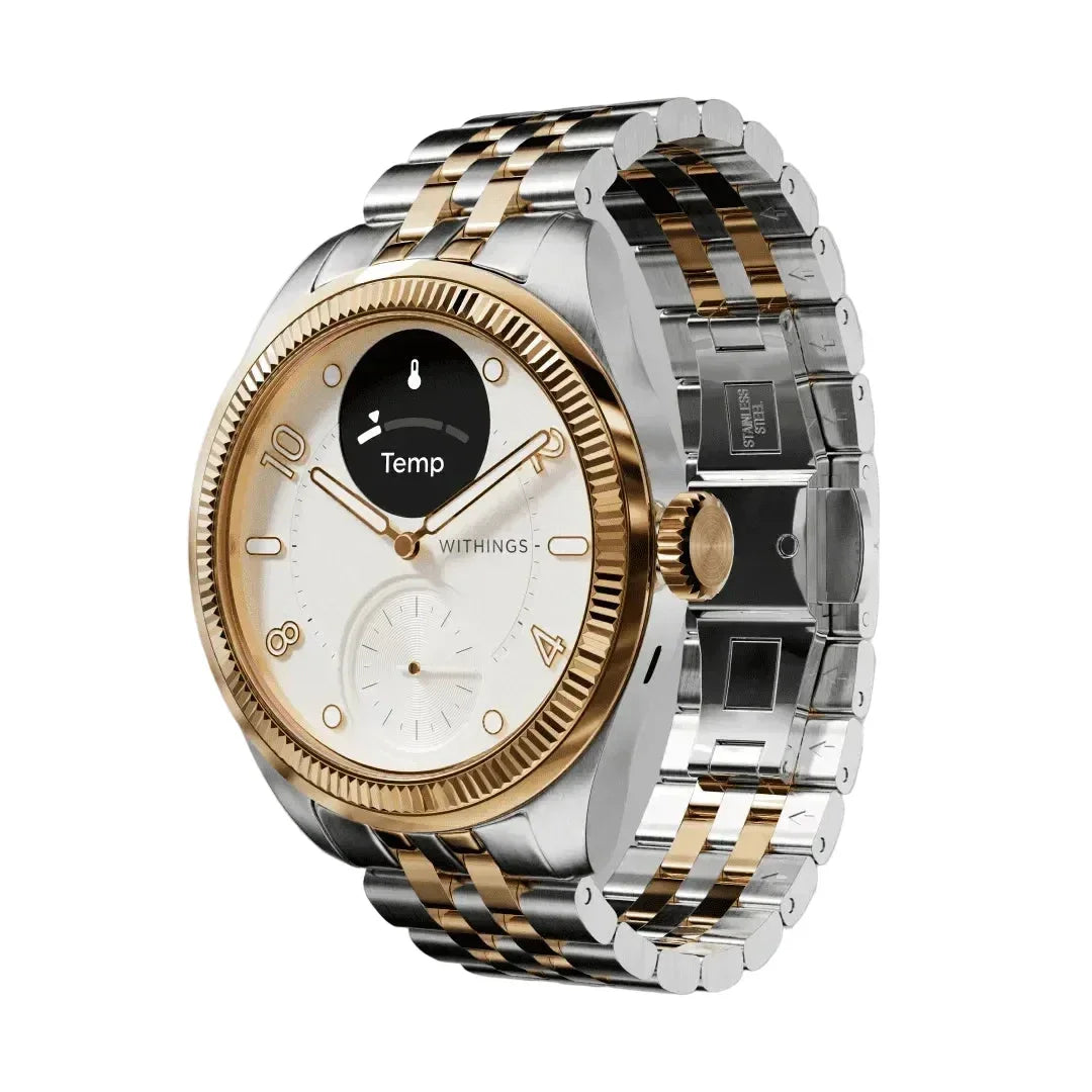 Zegarek Withings z ekranem temperatury, stalowy pasek, złoto-srebrny design